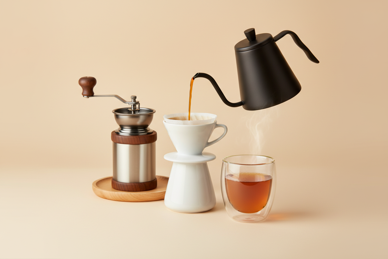 Create a clean, premium banner image for VOLT, a specialty coffee tools store. Use a soft minimal background in the exact color **#FAF3E0**. Include an elegant coffee setup featuring a manual grinder, a V60 dripper with filter, a gooseneck kettle, and a double-wall glass cup with freshly brewed coffee. Use soft studio lighting, subtle shadows, and a warm, cozy aesthetic that reflects a “morning ritual” vibe. Keep the layout minimal with one clear focal point, leaving clean space for text on either side. No 