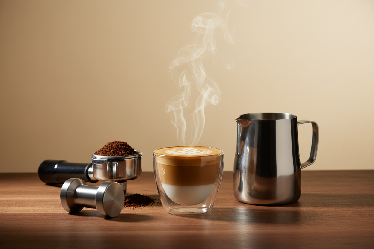 Create a clean, premium banner image for VOLT showcasing a high-end espresso preparation scene. Use a soft warm background close to #FAF3E0. Include a portafilter filled with freshly ground coffee, a stainless-steel tamper, a milk pitcher, and a double-wall glass cup with a finished flat white. Add subtle steam rising from the cup for a cozy feel. Use moody soft lighting and realistic shadows to emphasize craftsmanship and detail. Keep the composition minimal and balanced with empty space for text. No logos
