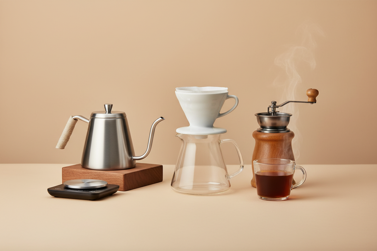 Create a clean, realistic hero image for a section that sells barista tools for specialty coffee. Include a V60 dripper, gooseneck kettle, coffee scale, manual grinder, server, and a glass cup of brewed coffee. Use soft studio lighting, minimal shadows, a warm neutral background, and a premium, modern aesthetic. No logos or text. Suitable for a website banner.
