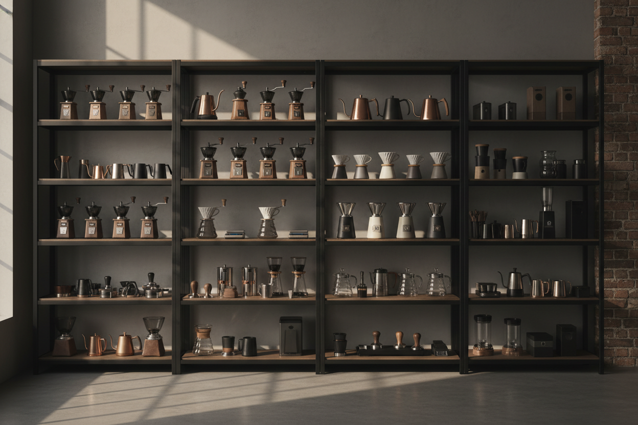 Create a realistic warehouse-style image for an online specialty coffee tools store. Show industrial shelves stocked with coffee equipment such as manual grinders, V60 drippers, kettles, tampers, portafilters, scales, servers, and accessories. Use a moody, slightly dark atmosphere with soft directional lighting that highlights the products while keeping the overall scene dramatic and premium. Include subtle shadows, a muted industrial background, and a clean, organized layout. No logos or text. Suitable for